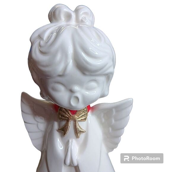 VTG Christmas Angel Topper MCM 7.5" Figure Singing Choir Ceramic Red Gold Bow - Picture 2 of 8